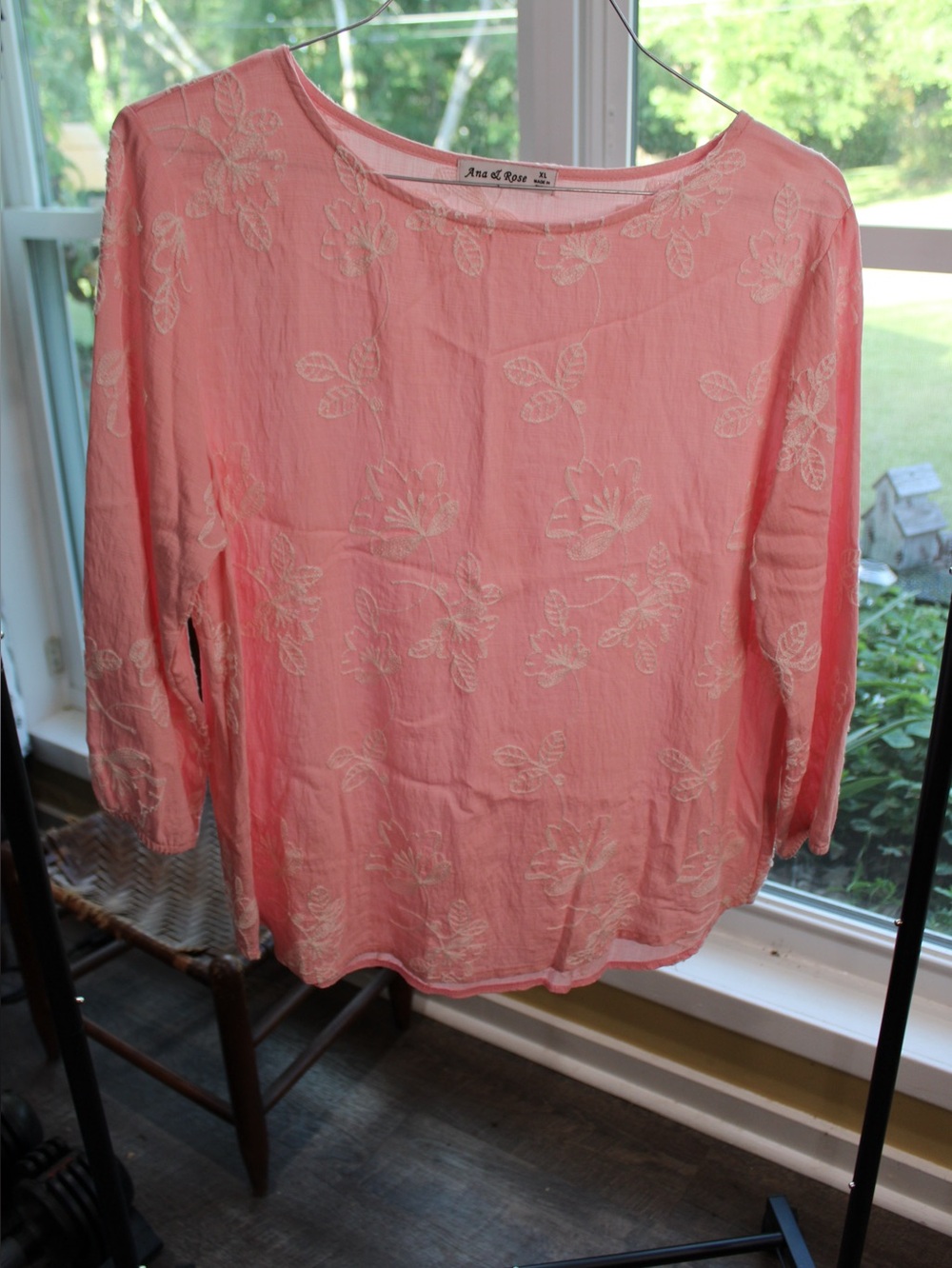Ana & Rose Pink Embroidered Sheer Blouse Women’s XL Floral Boho 3/4 Sleeve